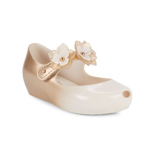 NEW mini melissa Kid Baby Ultragirl Flower II Beige Gold Floral MJ Strap Flats